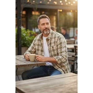 Carhartt Tan Gray Plaid Long Sleeve Button Down Shirt Mens M Relaxed Fit Wrkwear